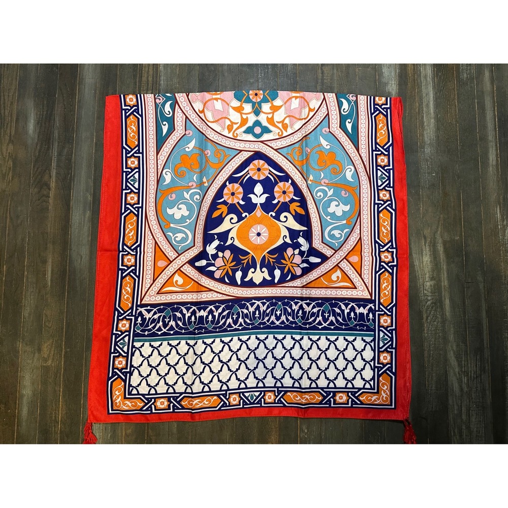 Mindful Souls Bohemian Tapestry Print Scarf Red Blue Tassel Accent